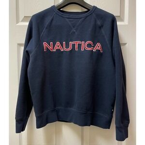 Nautica Men's MED Sweatshirt Navy Crew Neck Pullover Spellout Logo‎ Embroidered